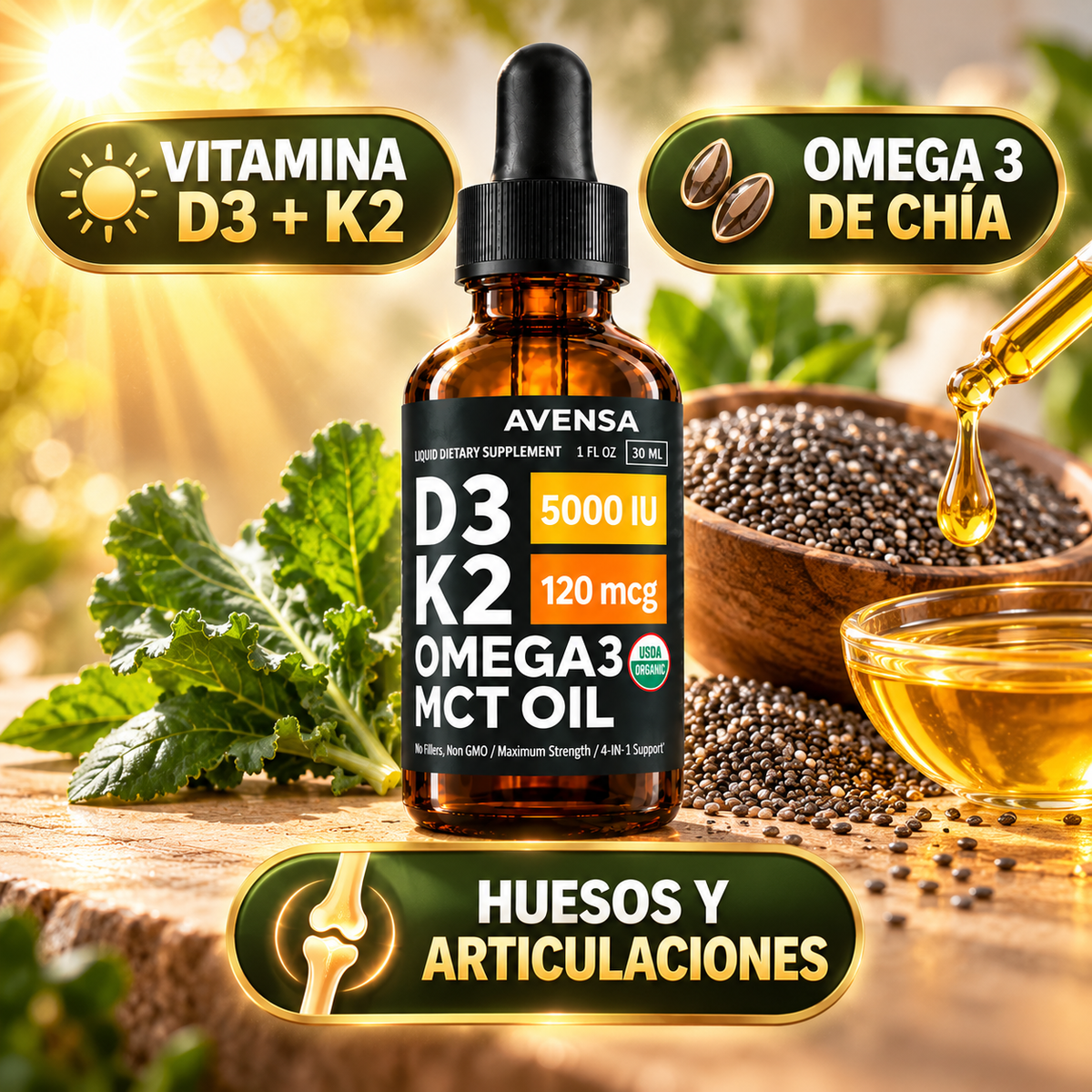 Vitamina D3 + K2 + Omega 3 en Gotas – Huesos y Articulaciones