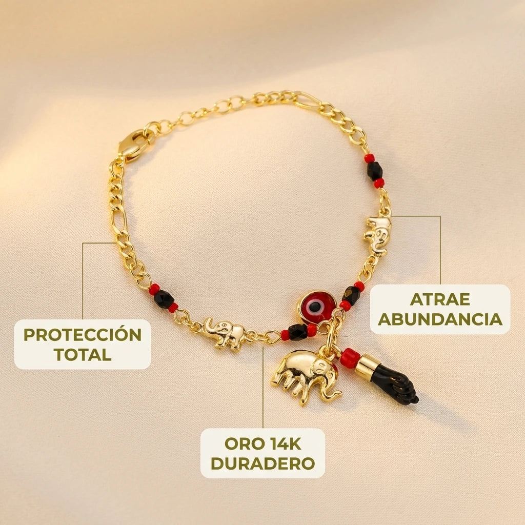 Pulsera Elefante y Ojo Turco Baño Oro 14k | Atrae Abundancia y Protege tu Energía