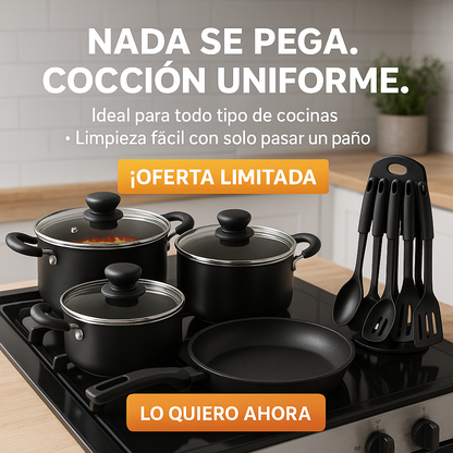 Set de Ollas y Sartén Antiadherente Negro + Utensilios de regalo (10 piezas total)