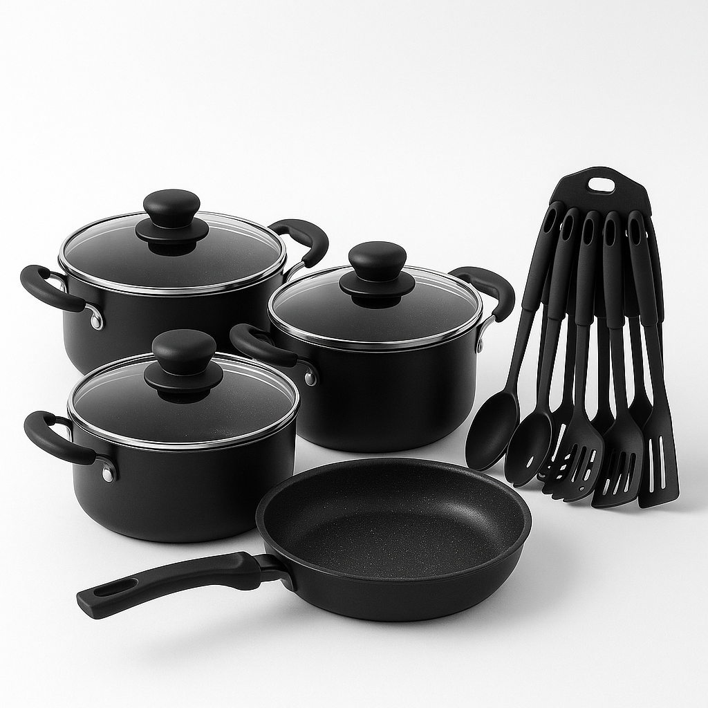 Set de Ollas y Sartén Antiadherente Negro + Utensilios de regalo (10 piezas total)